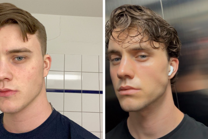 Side-by-side selfies of a young man with light brown hair; left image shows him in a tiled bathroom looking at the camera, right image shows him wearing wireless earbuds with wet hair against a metal background.